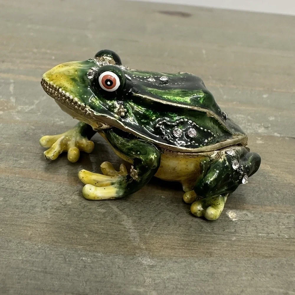Jeweled Frog Trinket Box Green Yellow Rhinestone Enamel Hinged Mini Figurine